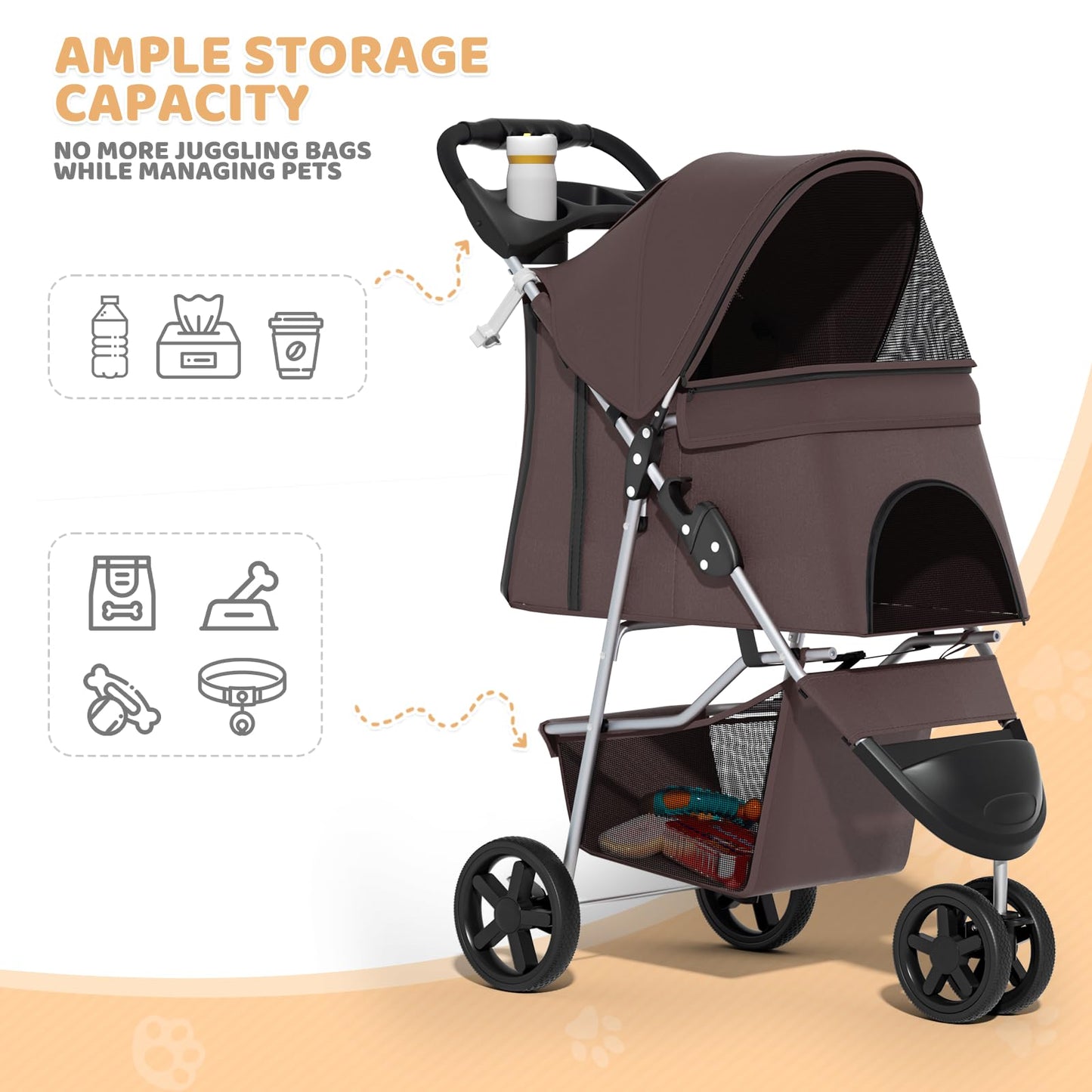 Magshion 3-Wheel Pet Stroller, Foldable Travel Jogger for Small & Medium Dogs & Cats (Up to 33lbs), Lightweight Carrier with Breathable Mesh Cover, Cup Holder & Storage Basket, Coffee