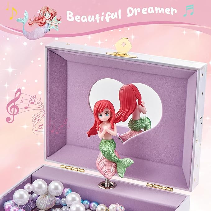 ProCase Mermaid Jewelry Box for Girls, Kids Musical Jewelry Boxes with Spinning Mermaid Doll, Birthday Christmas Gifts for Little Girls Children Toddler Ages 3 4 5 6 7 8 -Mermaid (Box with Jewelry)