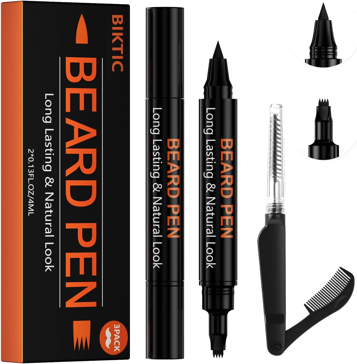 3-Pack Beard Pen Filler for Men, Waterproof & Sweat Proof Long-Lasting Beard Pen Kit with 2 Fillers & 1 Double-Headed Brush – Effectively Enhances Facial Hair (Black)
