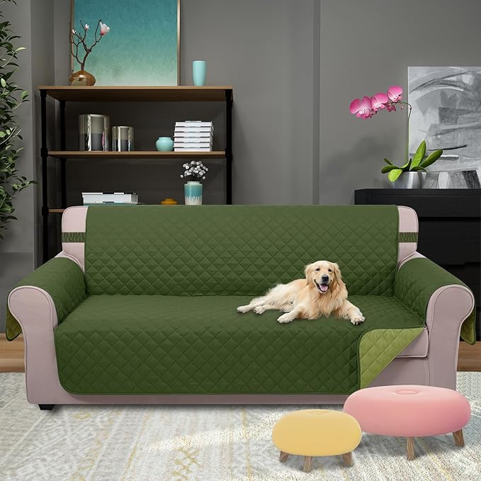 U-NICE HOME 4 Seater Sofa Cover 91 Inch Large Couch Covers for 4 Cushion Couch with Elastic Straps Water Resistant Furniture Protector Cover for Pets Cat (Sofa XX-Large, Huntergreen/Sage)