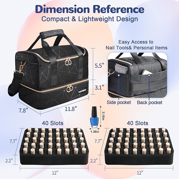 Nail Polish Organizer Holds 80 Bottles (15ml/0.5 fl.oz)& Nail Lamp, PU Leather Nail Organizers and Storage Bag with Shoulder Strap, Portable Nail Supplies Kit Organizer Carrying Case (Black)