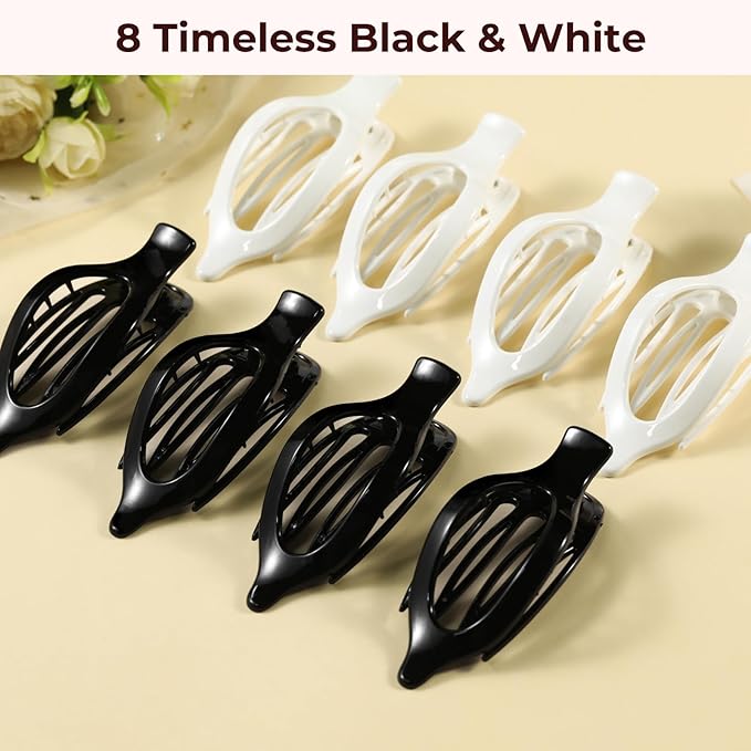 8 Pack Glossy Black and White Flat Hair Clips – High-Shine Claw Clips for Women, Non-Slip Strong Hold Hair Accessories for Daily Styling, Minimalist Fashion Clips for Work or School
