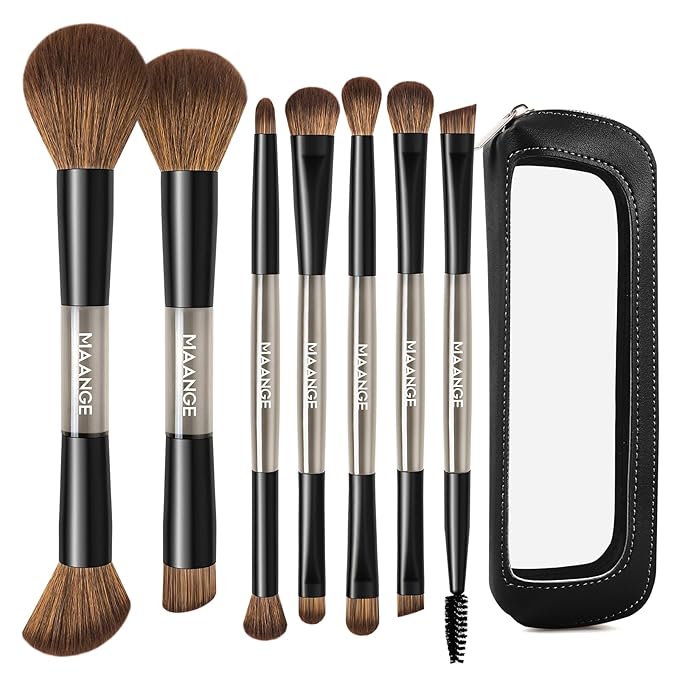 MAANGE 7 PCS Foundation Makeup Brush Set With Bag, Make up Brushes, Eyeshadow Concealer Brush, Double-ended Foundation Contour Powder Blush, Professional Face brush Set Tools For Liquid,Cream (Black)