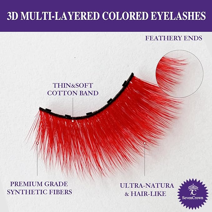 Color Magnetic Eyelashes Colored Eyelashes for Halloween Party Cosplay Makeup Kit,10 Pairs Magnetic Cat Eye Lashes with Eyeliner, Full Volume Red Look 18-23MM Fake Eyelash Cruelty-Free