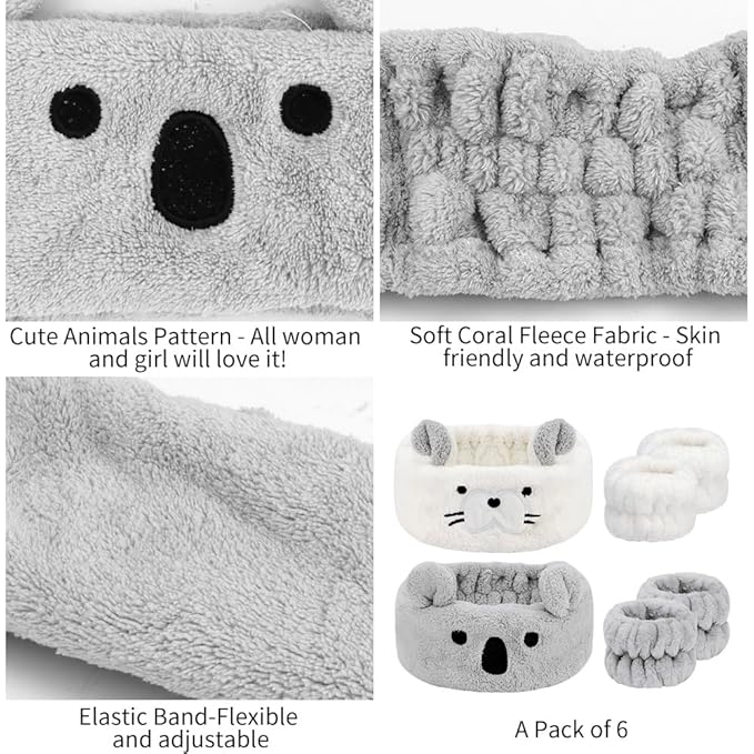 AHONEY Face Wash Headband and Wristband Set, Cute Makeup Spa Skincare Headbands Wrist Bands for Washing Face Headband for Women Girls Elastic Animal Hair Band (White&Grey)