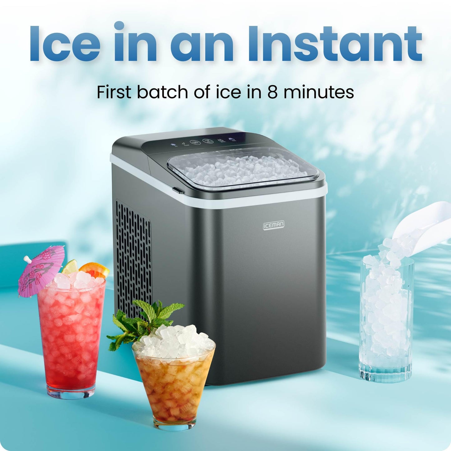 Iceman Compact Pebble Ice Machine, Countertop Nugget Ice Maker Produces Chewable Pellet Ice in 8 Minutes, Makes 26lbs/Day, One-Touch Cleaning Function with Ice Scoop/Basket Included – Black