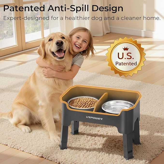 URPOWER Mess Proof Elevated Dog Bowls, High Wall Splash Guard Design, 4 Height Adjustable Raised Bowl Stand, 2 Large Stainless Steel Bowls, Non-Slip Food Water Set for Small Medium Large Dogs
