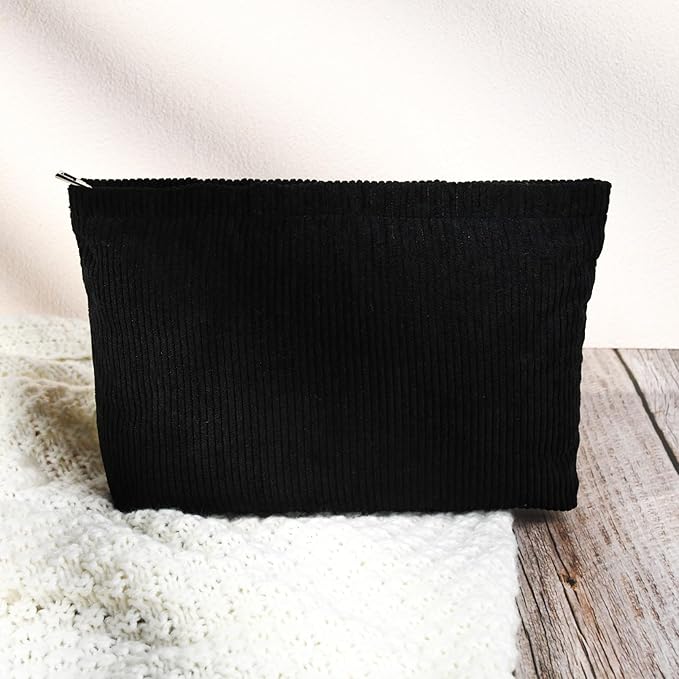 SOIDRAM 2 Pcs Corduroy Makeup Bag Large Cosmetic Bag Toiletry Bag Makeup Pouch Travel Bag Organizer Cute Makeup Brushes Aesthetic Accessories Storage Bag for Women Black