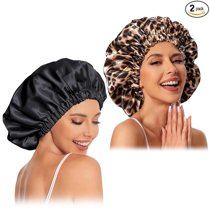 Satin Bonnet Silk Bonnet Hair Bonnet for Sleeping-Slouchy Beanie Hat Satin Sleep Cap for Women's Natural & Curly Hair(Black&Leopard)