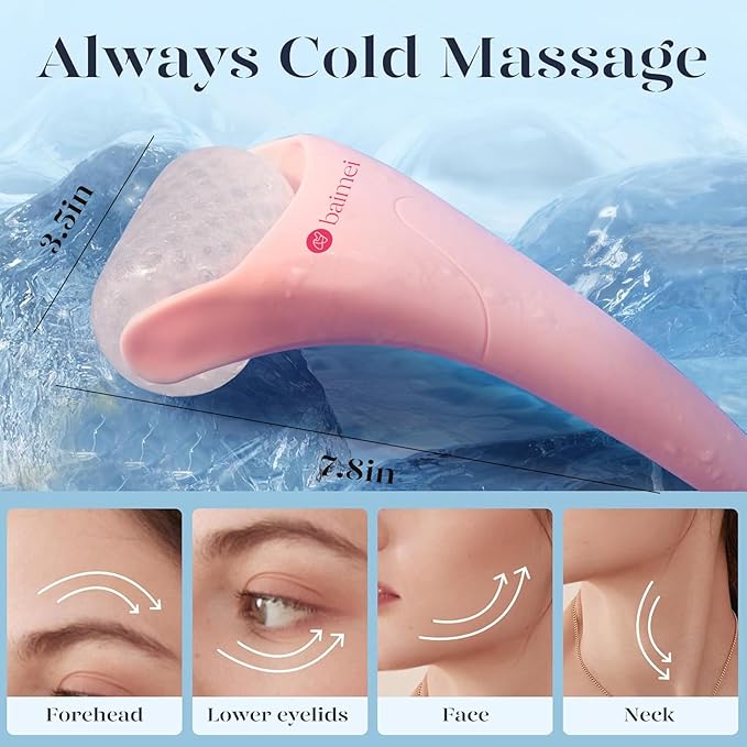 BAIMEI IcyMe Ice Roller for Face and Gua Sha Facial Tool Set, Ice Face Roller Reduces Puffiness Relieves Migraines Skin Care Tools, Self Care for Women - Pink
