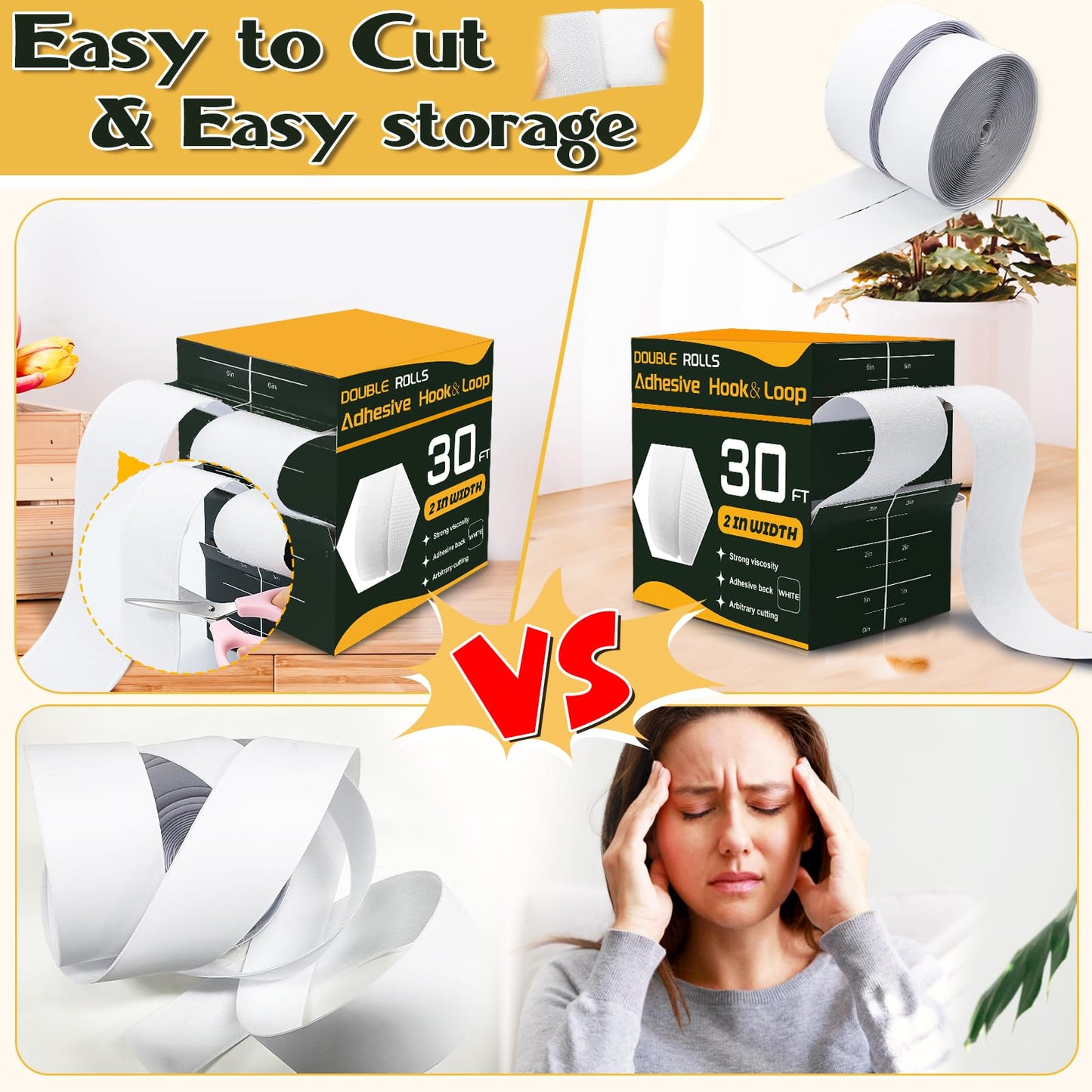 30 Ft×2 Inches Hook and Loop Tape Strong Viscosity Adhesive Back Arbitrary Cutting Sticky for Fabrics Nylon Self Adhesive Tape for Home Office School and Crafting 2 Rolls White and A Scissors (White)