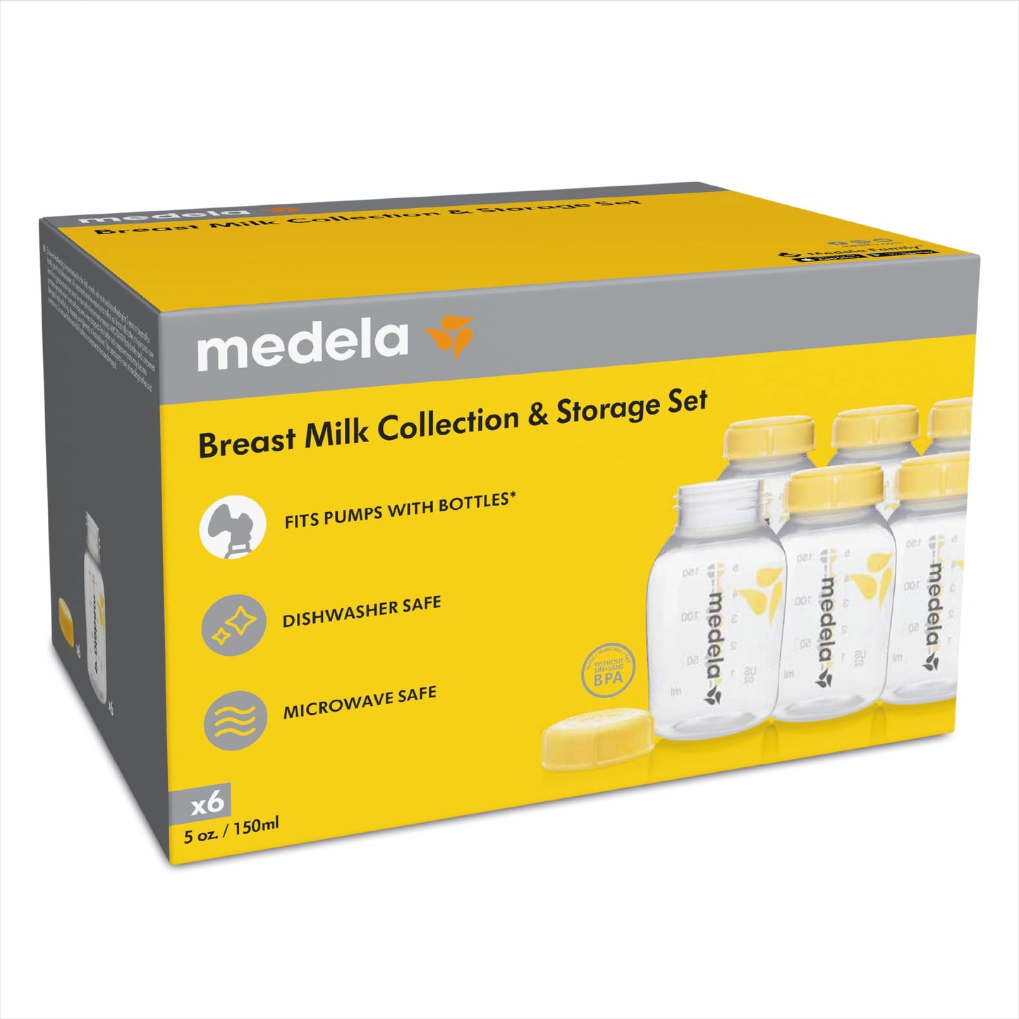 Medela Breast Milk Collection and Storage Bottles with Solid Lids - 6pk/5oz-150mL Breastmilk Container, Compatible Breast Pumps and Made Without BPA