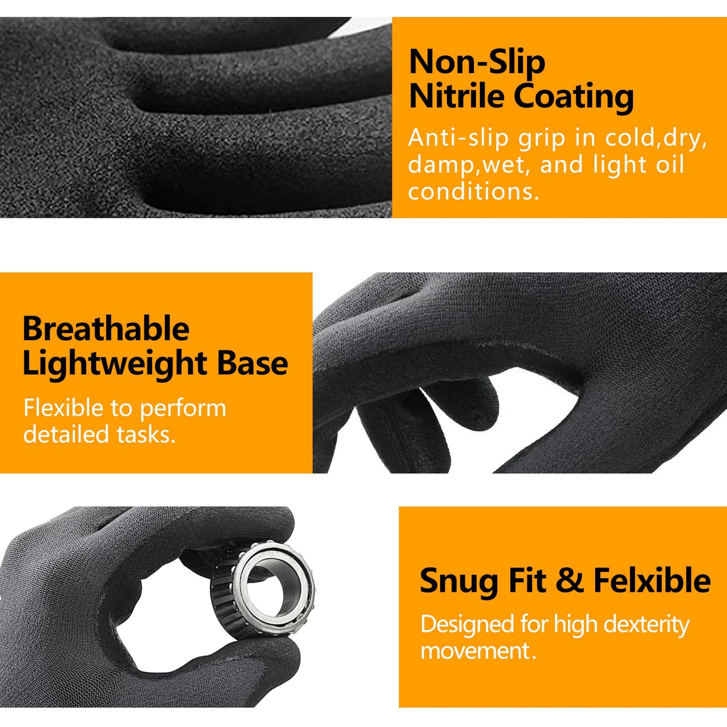 NEOTRIL Safety Work Gloves MicroFoam Nitrile Coated-3 Pairs, Seamless Knit Nylon Bulk Pack Working Gloves with Grip for Men Women Light Duty Work,Automotive,Warehouse (Gray,M)