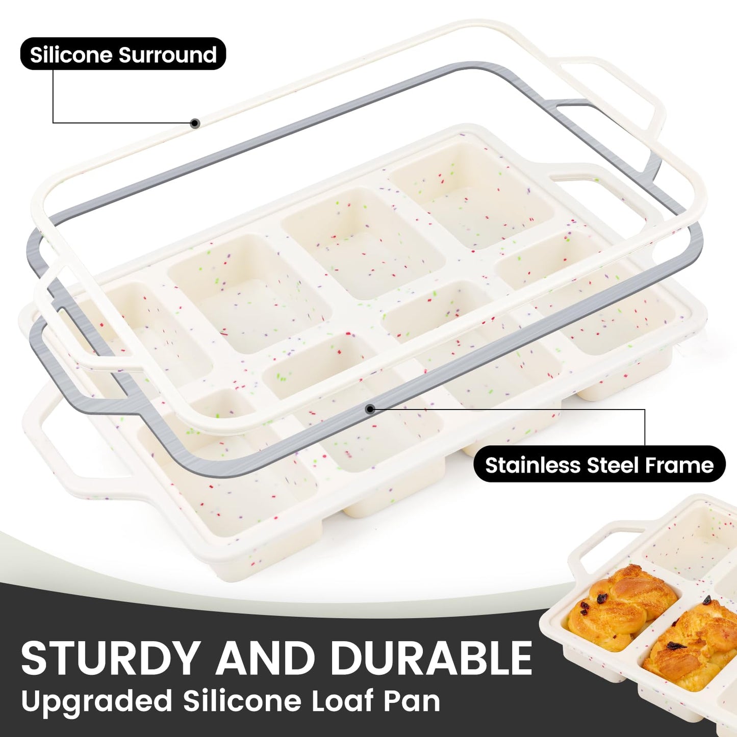Vinino Silicone Mini Loaf Pans with Metal Reinforced Frame-2 Pack, Non-stick Silicone Bread Pan for Baking 8-Cavity, Tiny Banana Bread Set, Dishwasher Safe Brownie Pan-Cream