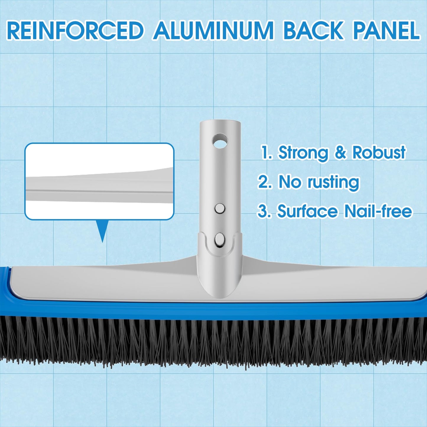 TidyMister Pool Brush 17.5'' Heavy Duty Swimming Pool Brushes for Cleaning Pool Walls & Tiles & Floors & Corners Scrub Brush Head Reinforced Aluminum Back