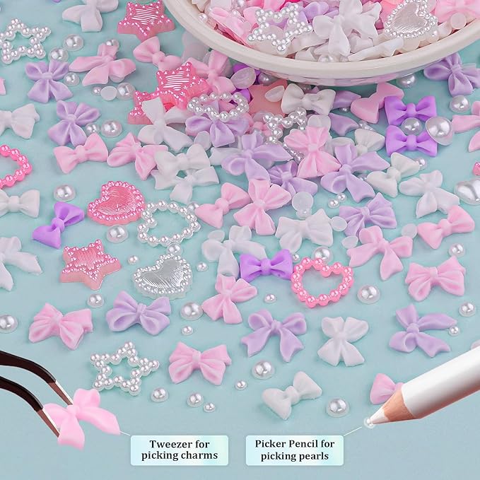3D Nail Charms and Flatback Pearls #3, 600 Pcs Pink White Lilac Multi Styles Bowknot Charms + Pink&White Star Heart Nail Jewels + 2-6mm White Nail Pearls for Nail Art Design with Pickup Tools
