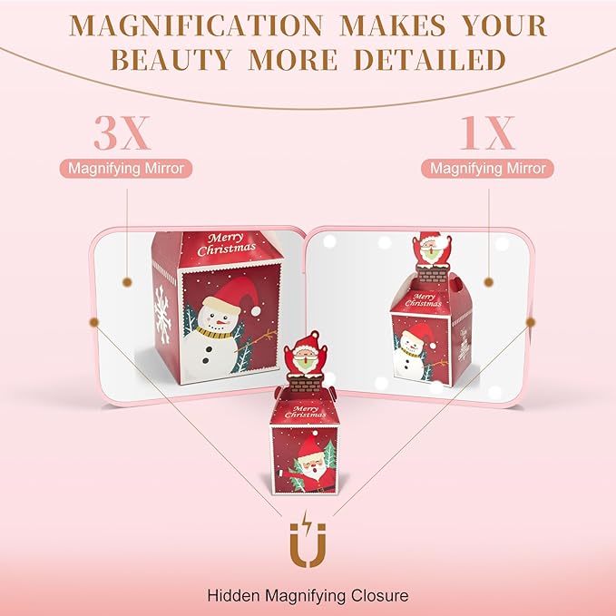 Compact Mirror, 1X/3X Magnification LED Pocket Mirror with Nternal BIattery, Mini Mirror for Purse, Pocket,Travel and Present (Pink)