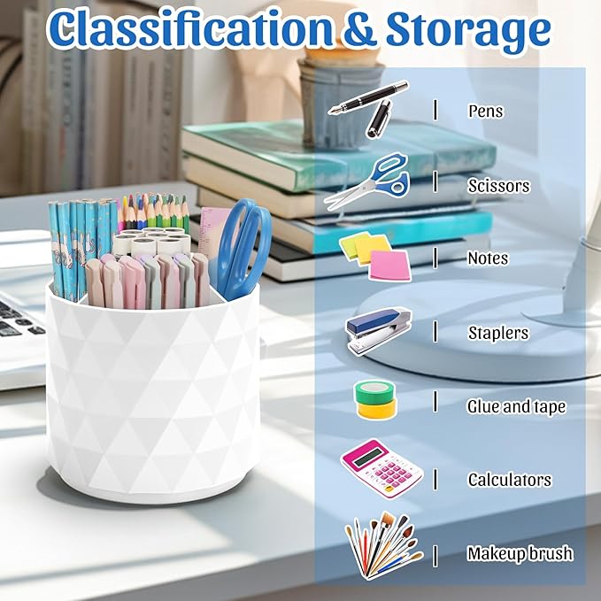 minimaliving Desk Organizer,Sparkling Diamond-like Pen Holder for Desk 360ÃÂ°Rotating Office Accessories,Pencil Cup with 5 Compartments Storage Box Caddy for Office,School,Home,Art Supply(White)