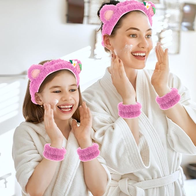 CAVETEE Hairband, 3 Piece Fluffy Pink Bear Ear Makeup Headband and Wristband Set for Women, Spa Cosmetic Elastic Headband and Wristband Set for Women Girl Wash Face Skincare Makeup Shower Spa
