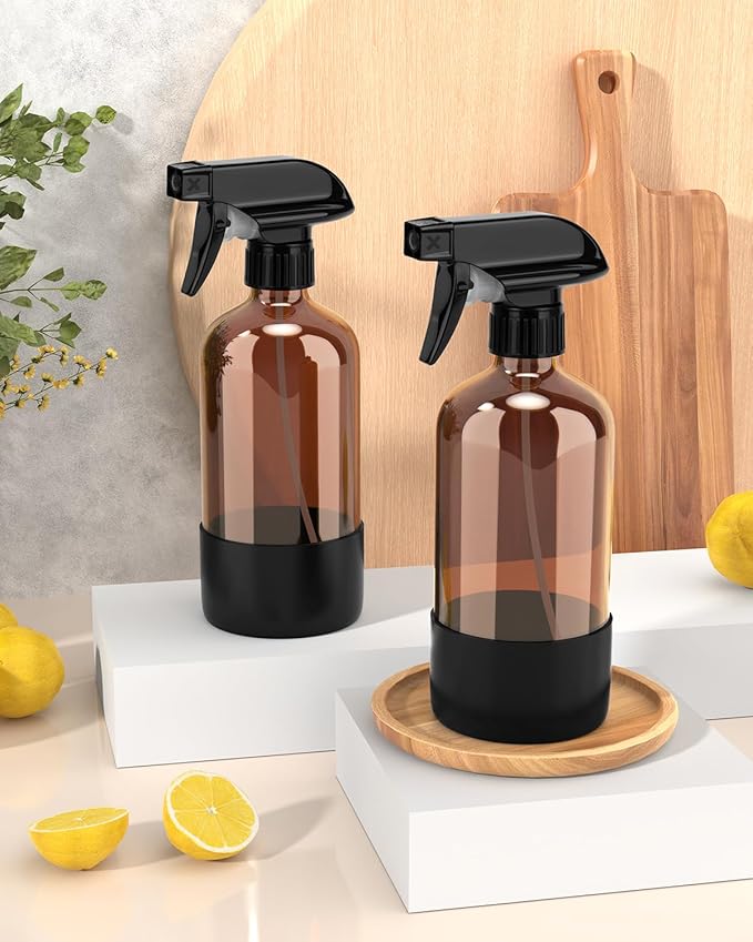 Bontip Glass Spray Bottle with Silicone Sleeve Protection, Amber Glass Spray Bottle Set for Window Cleaner Aromatherapy Facial Hydration Watering Flowers Hair Care 2 Pack/16 oz (Black)