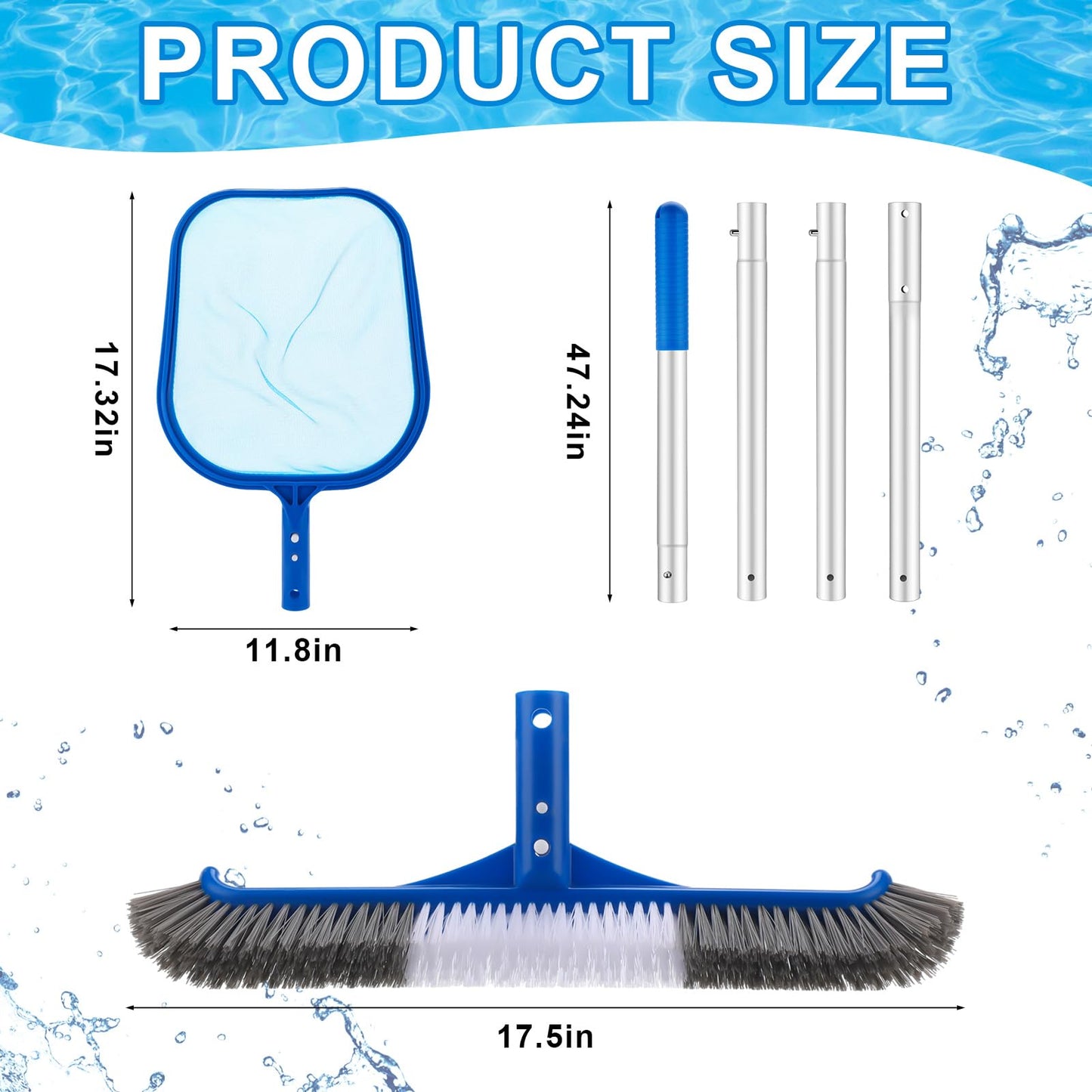 Potchen 3 Pcs Pool Cleaning Kit with Hand Skimmer Net, 47.24" Aluminum Pole and 17.5" Long Pool Brush Maintenance Accessory Tool for Above Ground Inground Ponds Home Tubs Spa