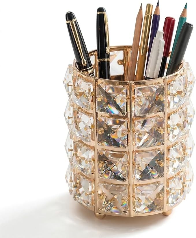 YAGELI Crystal Pen Holder for Desk, 3.58" Gold/Silver Metal Pencil Cup, Elegant Office Desk Accessories for Women, Modern Home Office Decor, Teacher Gift - Compact Vanity Makeup Brush Organizer(Gold)