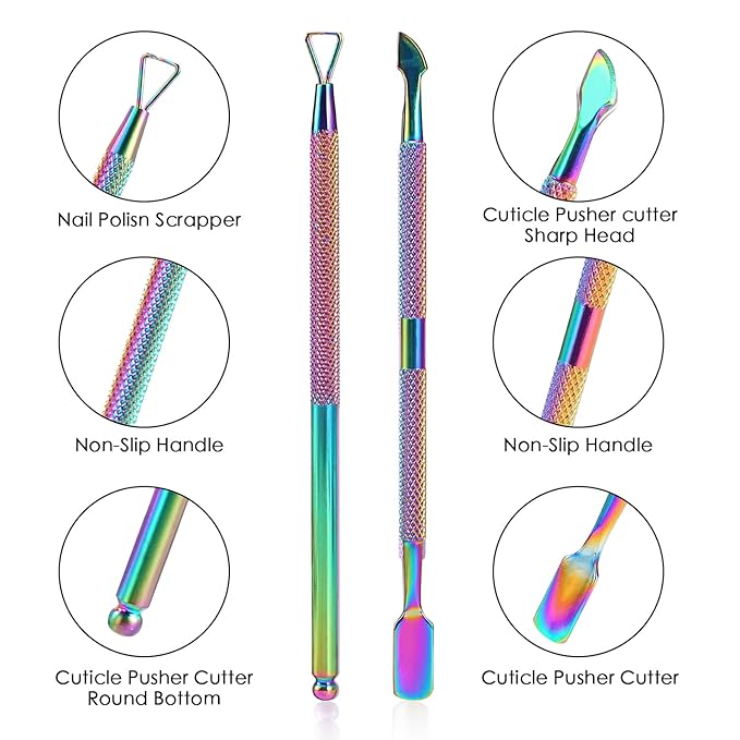 2PCS Cuticle Pusher and Cutter with Storage Case,Professional Cuticle Pusher Nail Polish Remover Stainless Steel Manicure Tool Set,Durable Pedicure Manicure Tools for Fingernails Toenails (Chameleon)