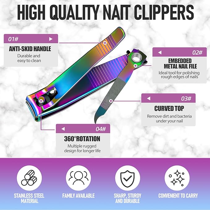 Nail Clipper Set, Sturdy Stainless Steel Fingernails & Toenails Clippers & Nail File, Sharp Effortless Fingernail Toenail Trimmer, Portable Nail Cutter for Women Men（Rainbow）