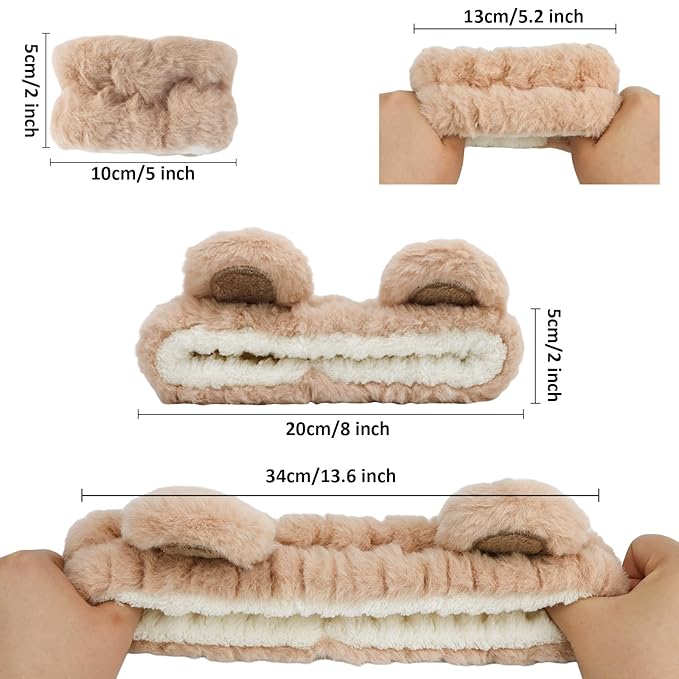 Canitor Face Wash Headband with Wrist Towels - Soft Coral Fleece Spa Makeup Headband, Cute Animal Elastic Skincare Design with Bear Ears