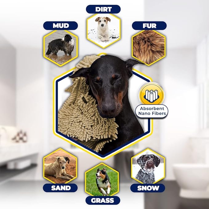 Muddy Mat® Doggy Dryer, Highly Absorbent Microfiber Washable Dog Shammy, Quick Drying Towel Absorber, Extra Soft Plush Wrap Chenille Bath Towels to Dry Soggy Large Pets & Small Puppy - Beige