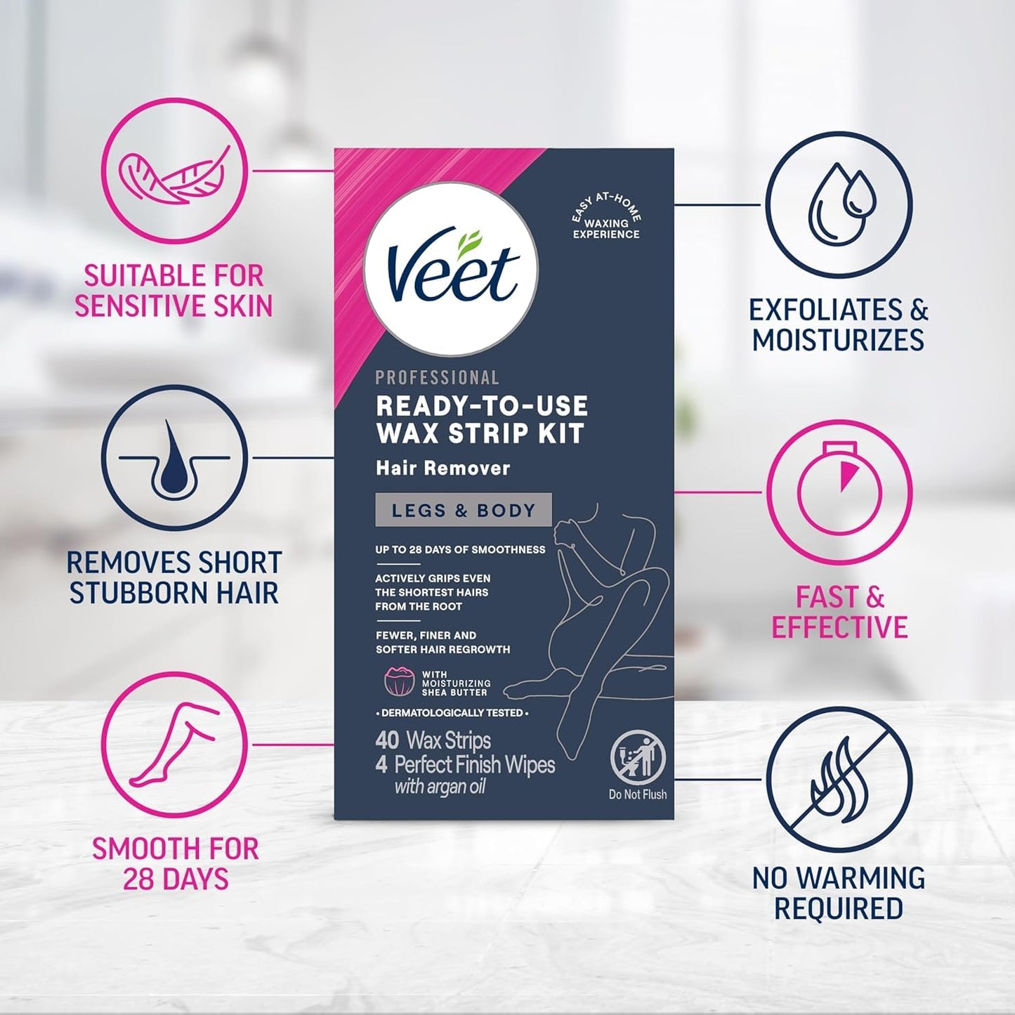 VEET Sugar Wax Strips For Women's Body Hair Removal, Bikini Hair Removal Kit, Pubic, Dermatologically Tested For Body & Intimate Areas, 40ct Wax Strips with Shea Butter & 4ct Wipes (Pack of 2)
