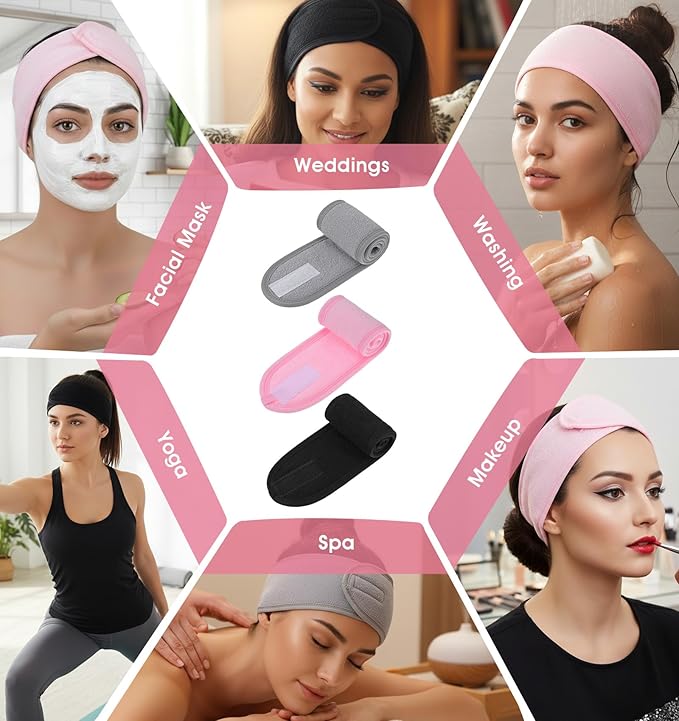 3 Pack Spa Headband, Adjustable Terry Cloth Headband for Women, Non-Slip Face Wash Headbands for Facial, Makeup & Shower, Soft Stretchable Hair Band