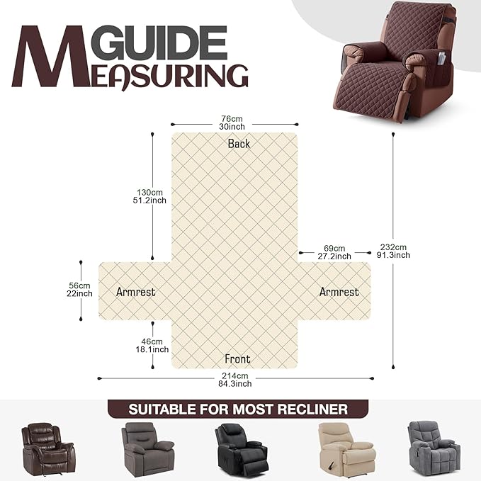 KinCam 100% Waterproof Recliner Chair Cover, Reclining Couch Covers for Pets, Dogs, Recliner Couch Slipcover Furniture Protector with Elastic Straps for Kids(30", Coffee)