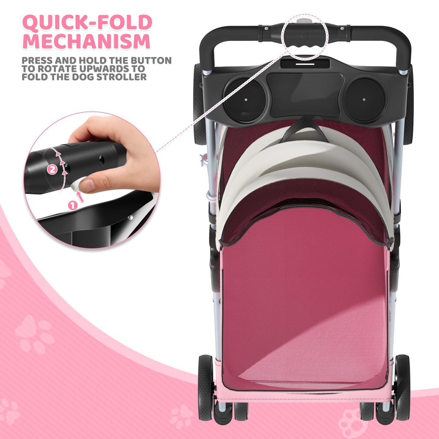 Magshion Foldable Pet Stroller, 3-in-1 Dog Travel Jogger with Detachable Carrier, Cup Holder, Storage Basket, Folding Carrier for Small/Medium Dogs & Cats Up to 33 lbs, Pink