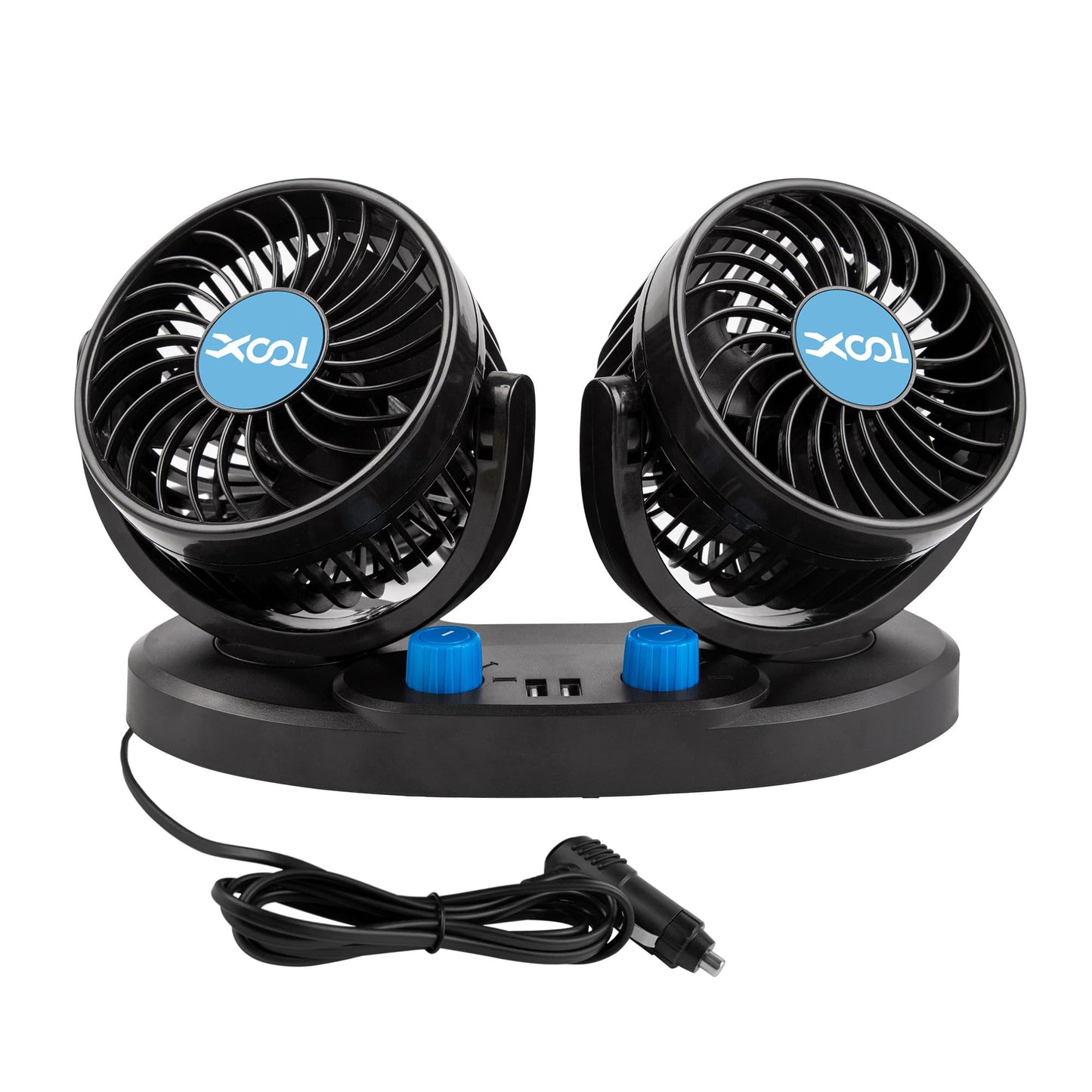 XOOL 12V Dual Head Car Fan – 2-Speed 360° Rotatable Cooling Fan with 2 USB Charging Ports Quiet Strong Airflow for Truck, Van, SUV, RV & Boat