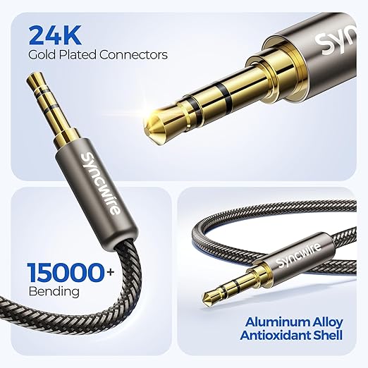 SYNCWIRE 3.5mm Nylon Braided Aux Cable, Audio Auxiliary Input Adapter Male to Male Cord for Headphones, Car, Home Stereos, Speaker, iPhone, iPad, iPod, Echo & More - 1.64ft/0.5m, Gold Brown