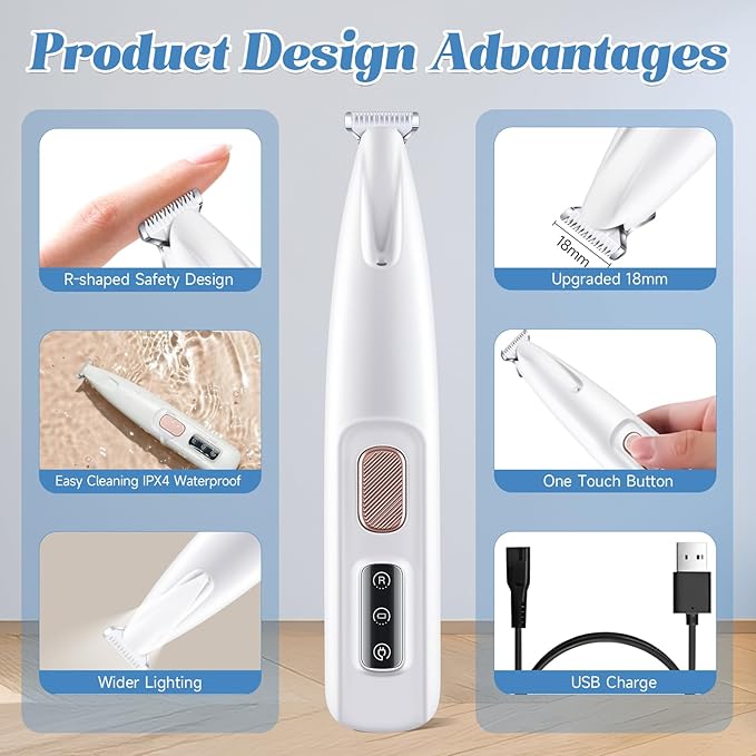Dog Paw Trimmer Low Noise, Electric Clippers for Dog's & Cat's & Rabbit's Paw, Pet Paw Trimmer with LED Light, Paw Cleaner USB Rechargeable, Grooming Shaver for Pet Feet Eyes Face Ears Rump Hair