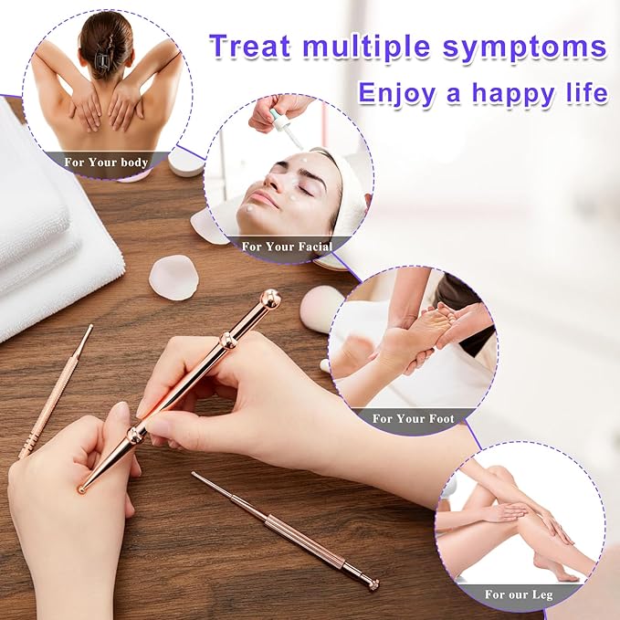 Nuanchu 3 Pieces Facial Reflexology Massage Tool Stainless Steel Manual Acupuncture Pen Retractable Acupuncture, Stainless Steel Double Headed Spring Loaded Ear and Body Point Probe Pen (Rose Gold)