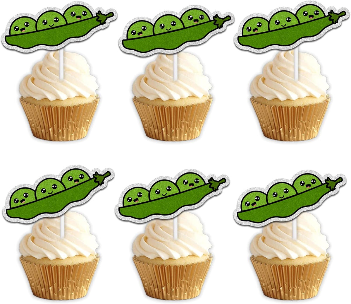 18pcs Green Glitter Cute Peas Dessert Cupcake Topper Traditional Funny Vegetable Peas in a Pod Theme Decor Supplies Baby Shower Boys Girls Happy Birthday Announce Pregnancy Party Decorations