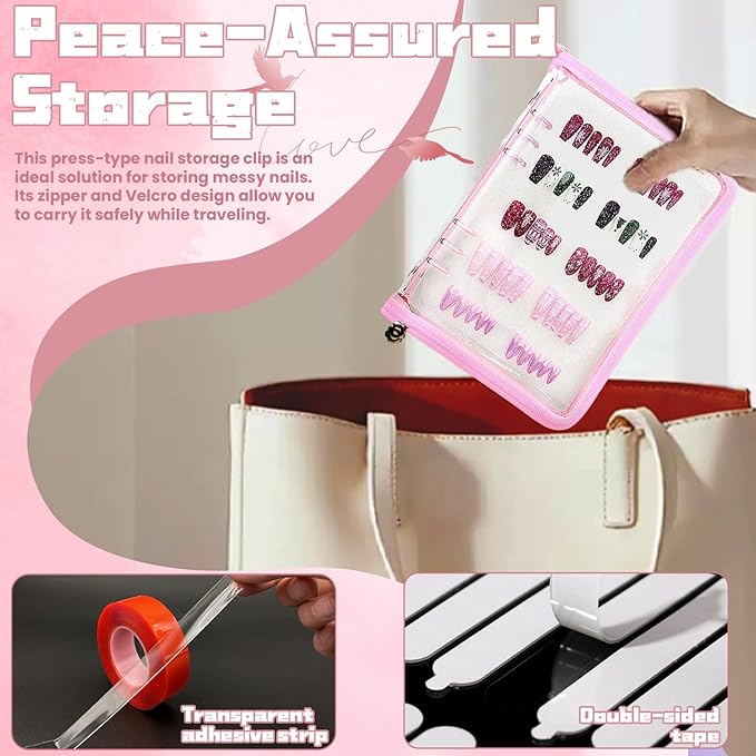 Press on nail storage Nail Storage Book - Portable Versatile Organizer for Press - On Nails, Jewelry and More with 90 Pcs Adhesive Double Sided Tape