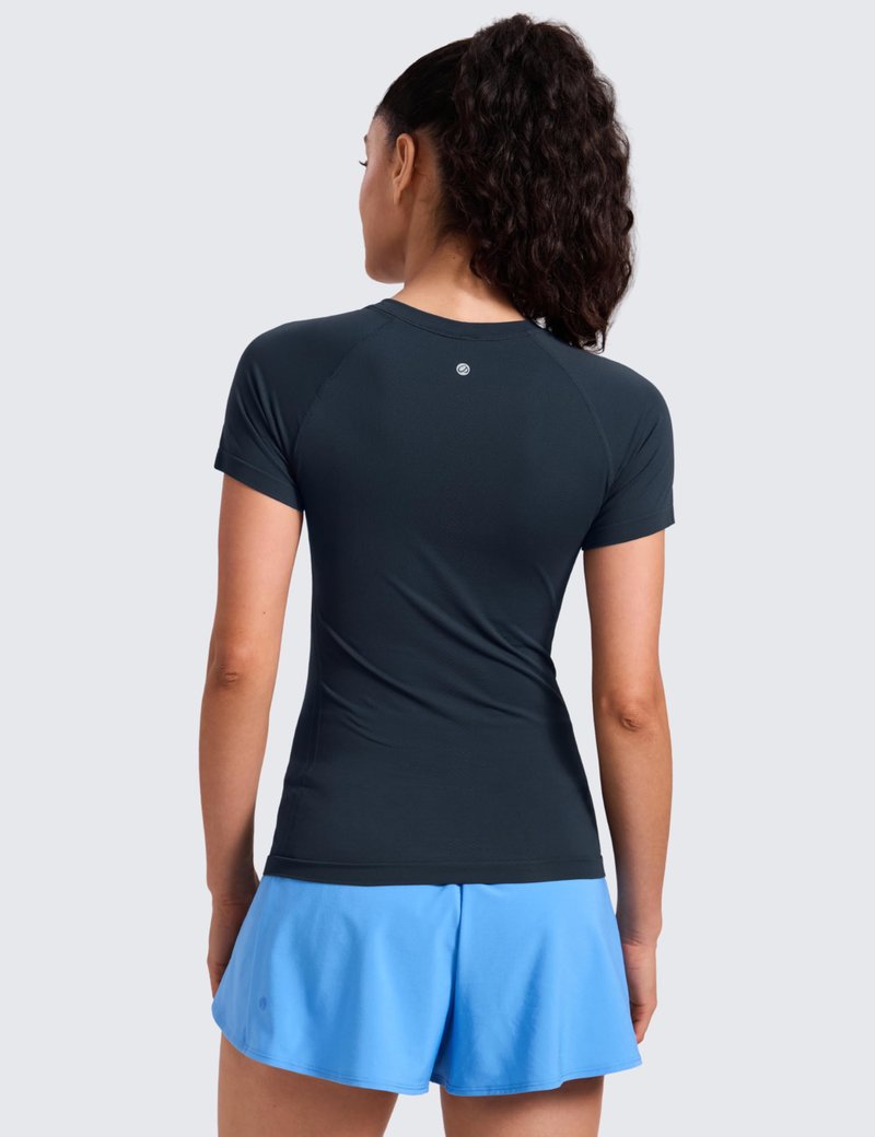 CRZ YOGA Seamless Workout Tops for Women Short Sleeve Athletic Tees Breathable Gym Running Yoga Shirts Twilight Blue Medium