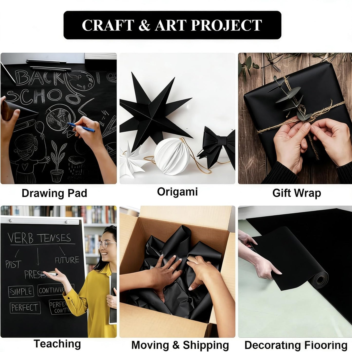 Black Wrapping Paper Roll 24"x 1200" Craft Packing Paper for Moving Shipping, Gift Wrapping Paper, Bulletin Board Kraft Paper for Table Covering Poster Paper Christmas