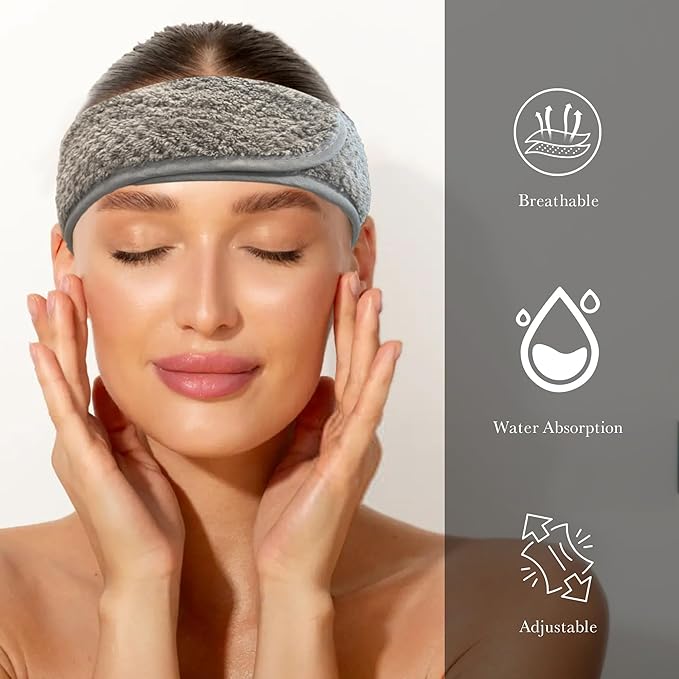 Simnice Spa Facial Headband for Washing Face,Adjustable Facial Headbands Esthetician, Terry Cloth Headband Stretch Towel with Magic Tape,Grey
