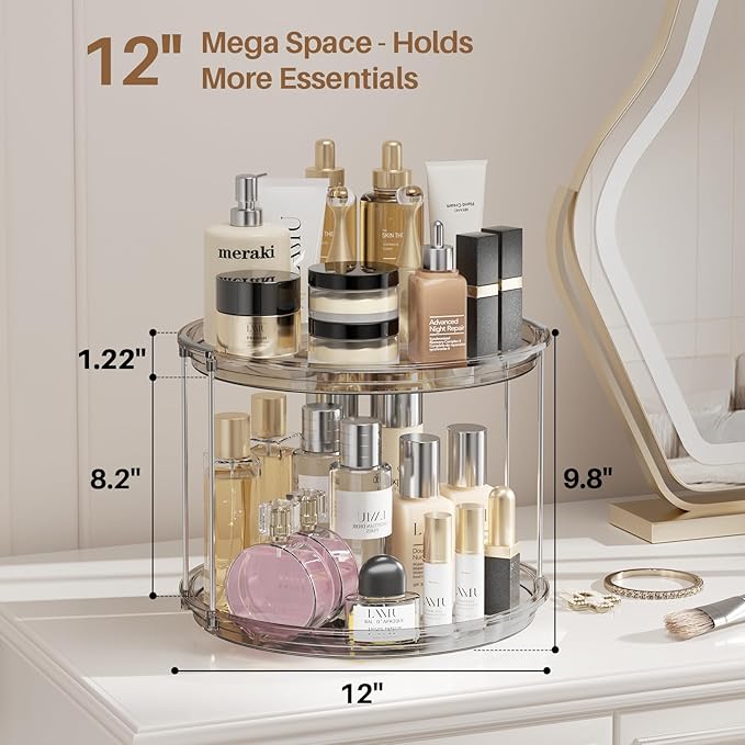 LAMU 2 Tier Lazy Susan Organizer 12 inch Large Lazy Susan Turntable Rotating Spice Rack Organization for Cabinet, Kitchen, Pantry, Countertop, Bathroom, Vanity, Medicine Cabinet Organizer, Grey