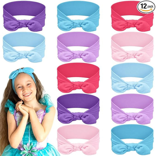 Giegxin 12 Pack Polyester Cloth Headbands for Girls Removable Colorful Rabbit Ear Bow Hairbands Hair Accessories (Mermaid Color)