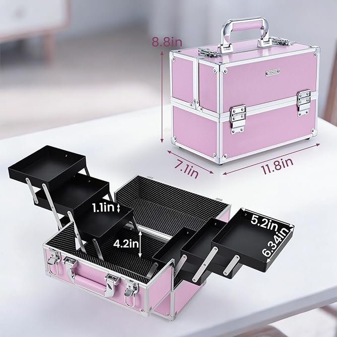 Frenessa Makeup Train Case Large Portable Cosmetic Case - 6 Tier Trays Professional Makeup Storage Organizer Box Make Up Carrier with Lockable keys - Pink