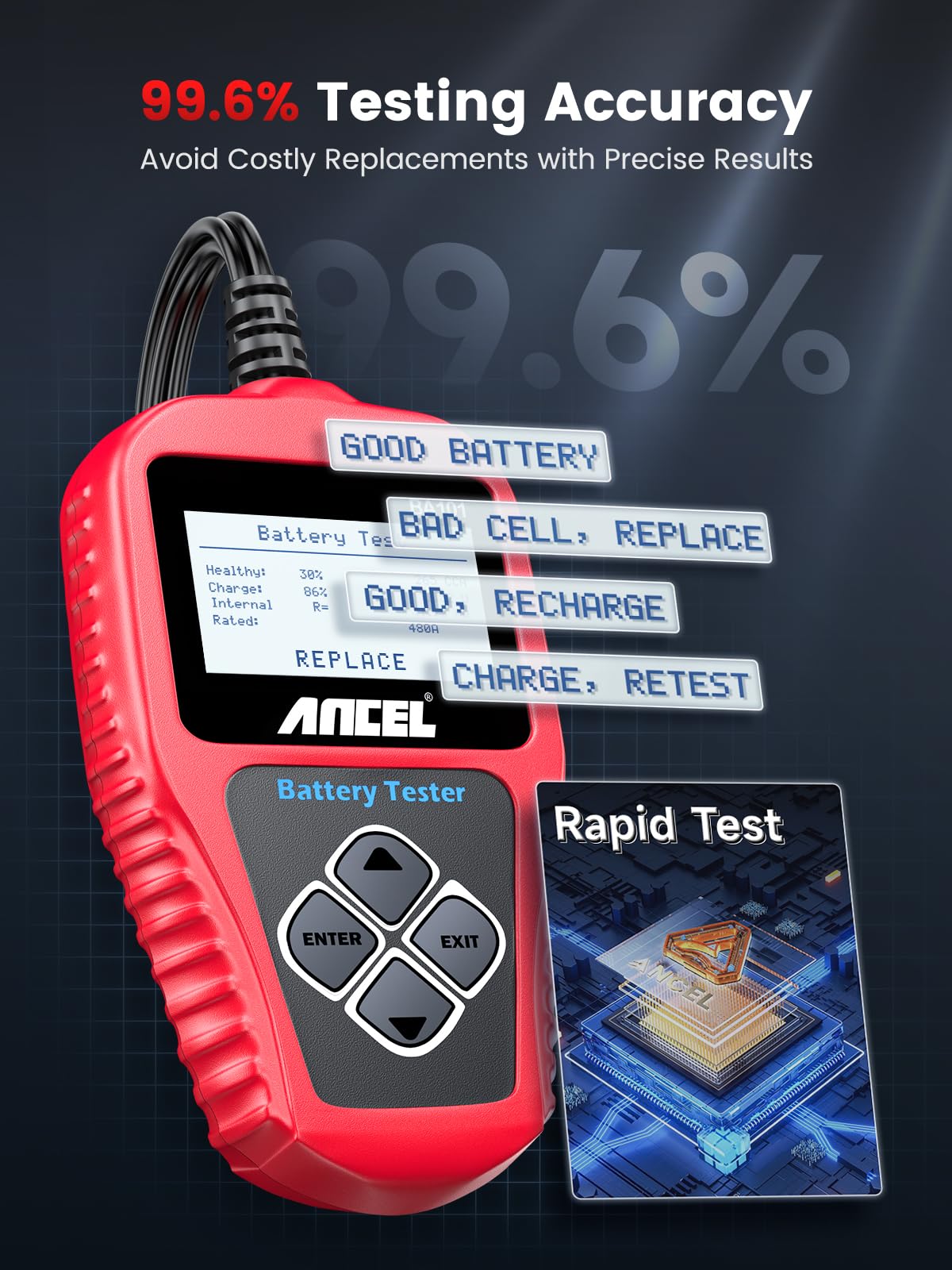 ANCEL BA101 Car Battery Tester, 12V Digital Automotive Alternator Meter Diagnostic Tool,100-2000 CCA Load Capacity, Charging & Cranking Analyzer for Truck, Boat, RV, Marine Vehicle, and More