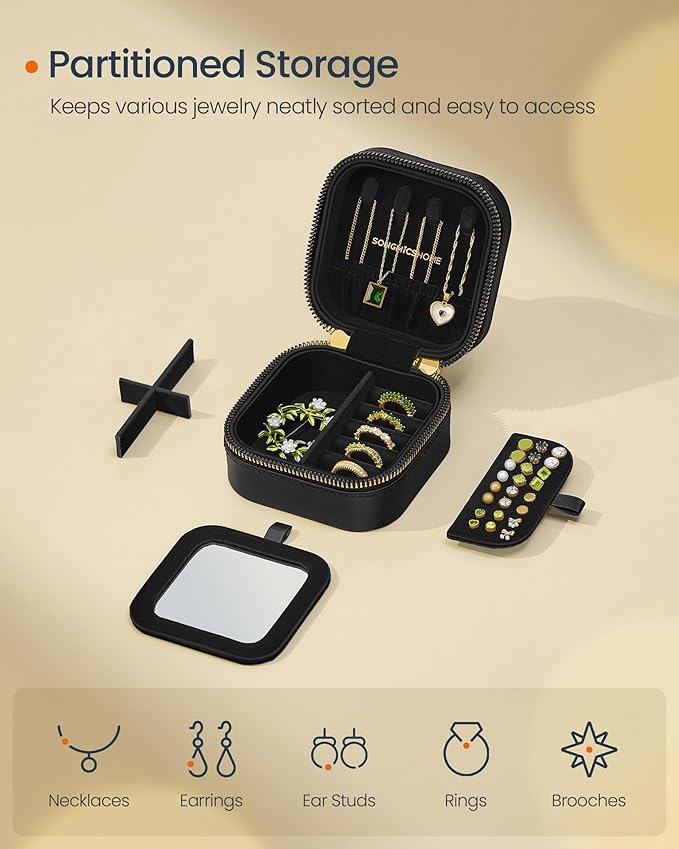 SONGMICS HOME Travel Jewelry Case, Small Jewelry Box Organizer with Mirror, 4.1 x 4.1 x 2.4 Inches, Stitching, Portable, Gift Idea, Ink Black UJBC179B01