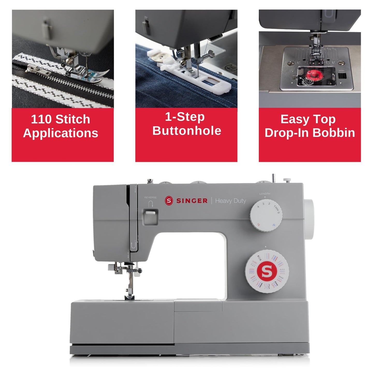 SINGER® Heavy Duty 4452 (Grey) High Speed Sewing Machine + Accessories | 32 Built-In Stitches Deliver 110 Stitch Applications | 50% More Power for Thick Fabrics, 1100 Stitches/Min, 1-Step Buttonhole