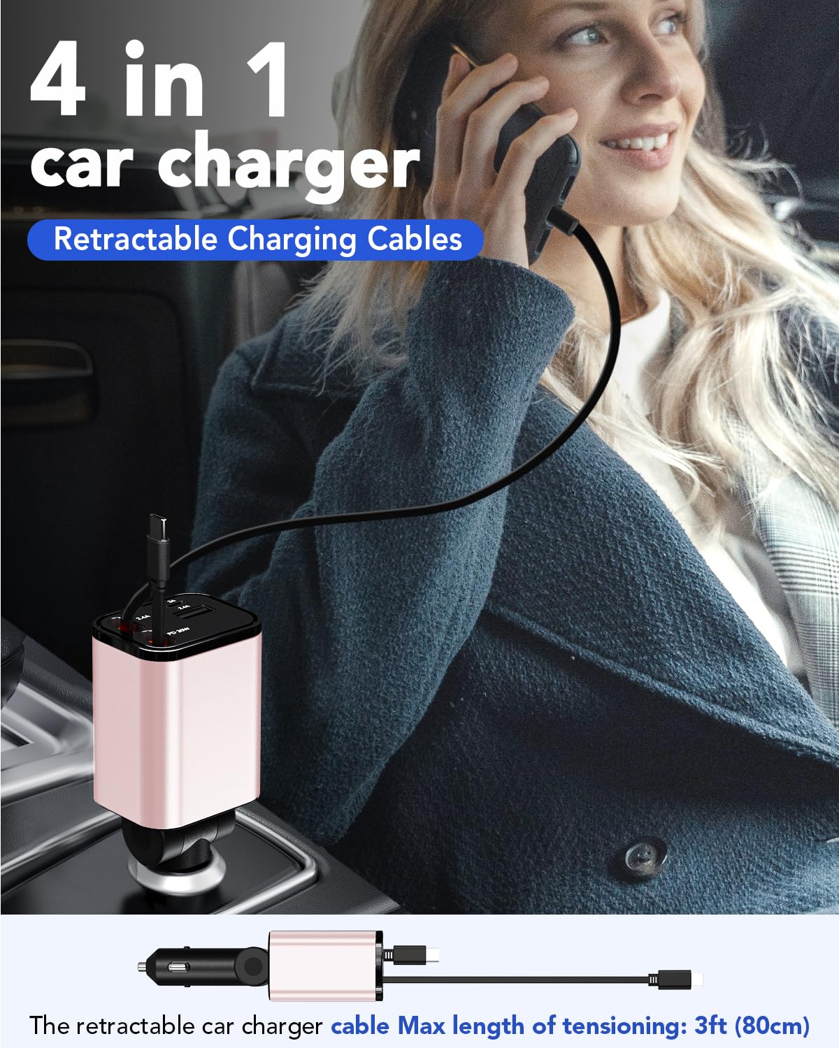 Retractable Car Charger Adapter for iPhone 17,4 in 1 Fast Charging Car Phone Charger,69W USB C Car Truck Accessories,Road Trip Essentials Gift for Men Women for iPhone 17 Pro Max/16/15/14/13/12,Galaxy